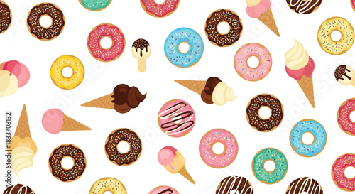 A fun and colorful seamless pattern of various sweet treats, including frosted donuts and different flavors of ice cream cones.