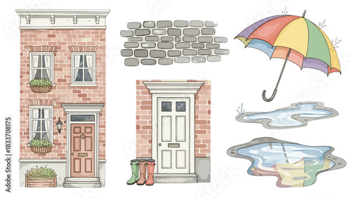 Watercolor illustration set of a rainy day in the city with a brick building, colorful umbrella, and puddles.