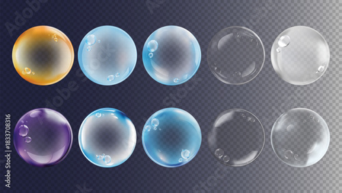 Set of colorful transparent bubbles on a dark background. Includes clear, blue, orange, and purple bubbles. Glossy, reflective, and varied in color. Soap bubble element