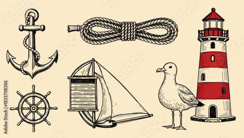 Hand-drawn vintage set of nautical elements, including an anchor, ship wheel, lighthouse, sailboat, seagull, and a coil of rope.