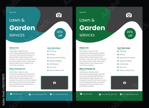 Lawn mower landscaping garden service flyer brochure cover template. Tree and gardening service poster leaflet design. lawnmower flyer template.  Lawn and gardening service flyer design template. Tree