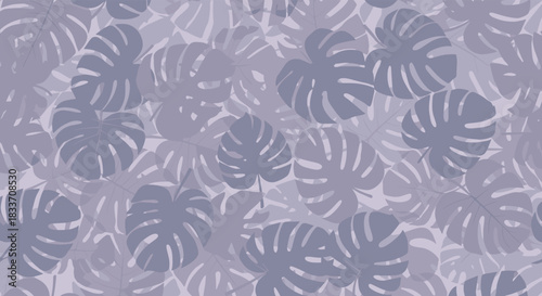 Elegant seamless pattern featuring overlapping monstera leaf silhouettes in various shades of dusty purple and lavender.