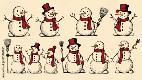 Charming collection of hand-drawn vintage snowmen in various poses with top hats, scarves, and brooms for winter holiday designs.