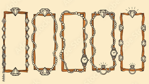 Collection of hand-drawn vintage vertical frames and borders decorated with jewelry, including diamonds, pearls, rings, and watches.