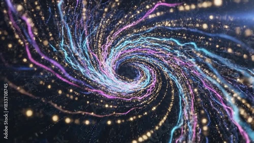 Abstract swirl of light energy with colored streaks and particles flowing on dark background