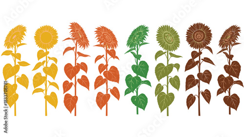 Colorful collection of sunflower silhouettes in various rustic shades of yellow, orange, green, and brown linocut style.