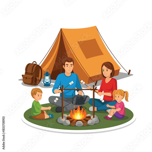 Family camping, roasting marshmallows over a campfire near a tent. The scene includes a backpack and lantern.