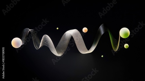 An abstract composition featuring a flowing wave-like form and floating spheres against a dark backdrop.