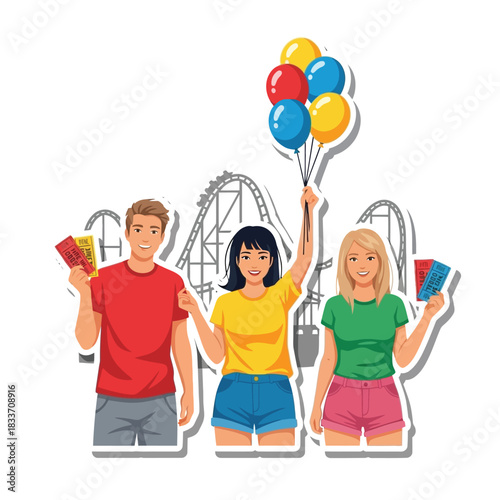 Three smiling friends at an amusement park holding tickets and balloons, with a roller coaster in the background.