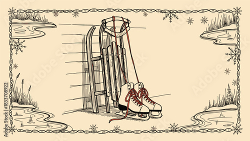 Vintage winter scene with an old wooden sled and ice skates by a frozen pond, framed with snowflake borders.
