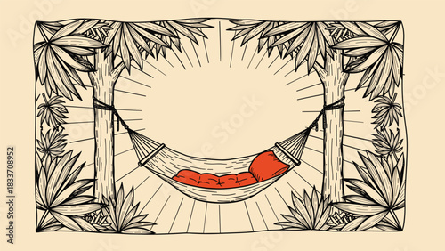 Relaxing hammock with red cushions hanging between two trees, hand-drawn in a vintage style with a leafy border.