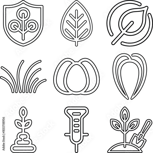 Collection of agricultural and plant icons in outline style