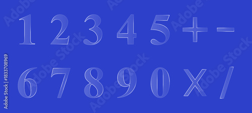 Numbers and math symbols in a translucent style on a blue background