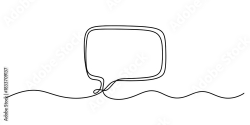 Continuous line drawing of a simple speech bubble icon, symbolizing communication, discussion, and dialogue on a clean white background. Vector, illustration
