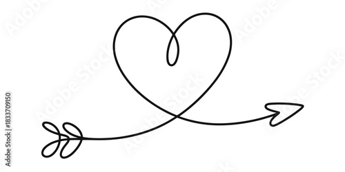 Continuous black line drawing depicting a heart shape pierced by an arrow, symbolizing romantic love, passion, and affection on a clean background Vector, illustration