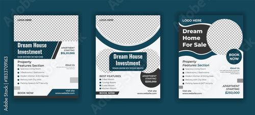 Minimal Real Estate Promotion Flyer template and Residential Real Estate Agency Flyer design 3 color vector