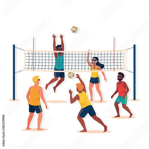 Illustration depicts a beach volleyball game with several people actively playing.