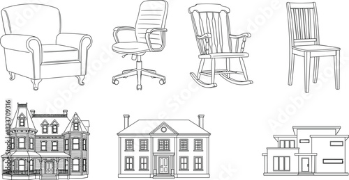 Black-and-white line drawings of chairs and houses including armchair, office chair, rocking chair, dining chair, and architecture styles