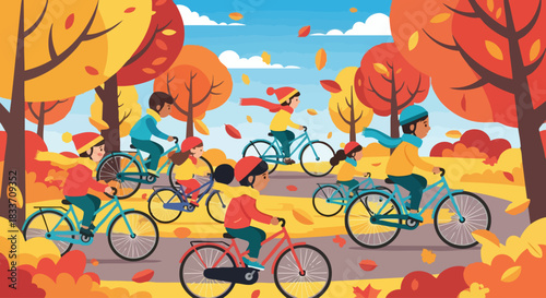 Diverse group of people enjoying a bicycle ride in a colorful autumn park.