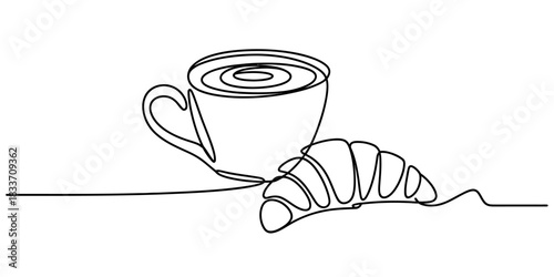 Continuous line art drawing of a minimalist coffee cup and croissant, perfect for breakfast, cafe, and bakery themes. simple vector graphic. Vector, illustration