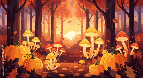 Autumnal Forest Scene with Pumpkins and Mushrooms.