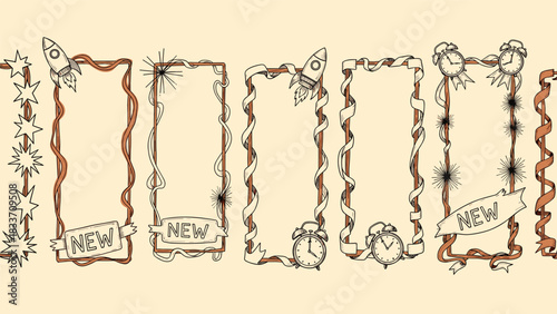Creative set of six hand-drawn vertical frames with 'NEW' banners, rockets, and clocks to announce new arrivals or updates.