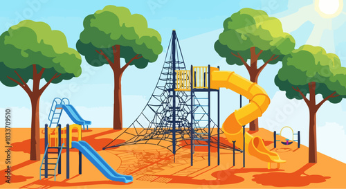Colorful outdoor playground with slides and climbing net for children.