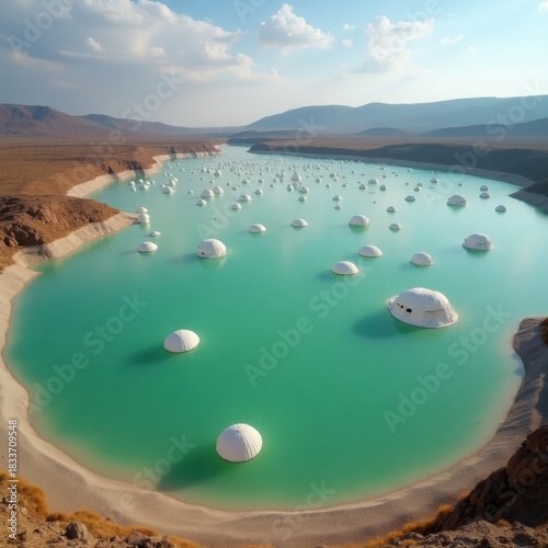 Vibrant turquoise lake with white rock formations and desert landscape