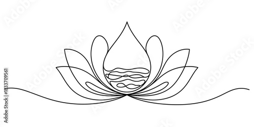 Continuous line drawing of a lotus flower with a water droplet and waves inside, symbolizing purity, wellness, spa, and natural harmony. Vector, illustration