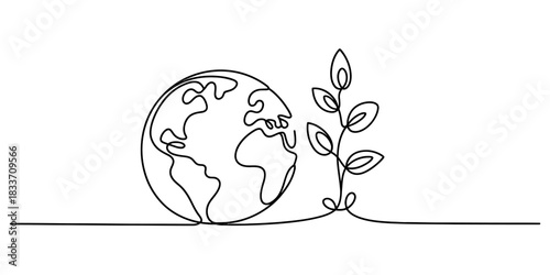 Continuous line drawing of planet earth globe and a green plant sprout with leaves on a clean white background, symbolizing eco care. Vector, illustration
