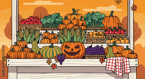 Autumn harvest display of pumpkins gourds and fruits at a farm stand.