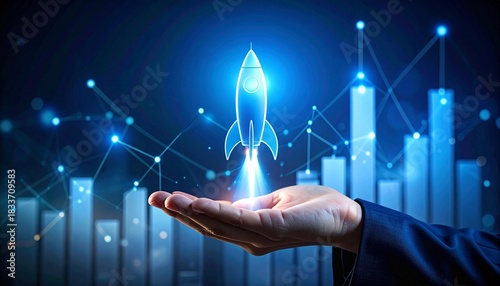 Glowing rocket launching from business hand with data bars and tech background