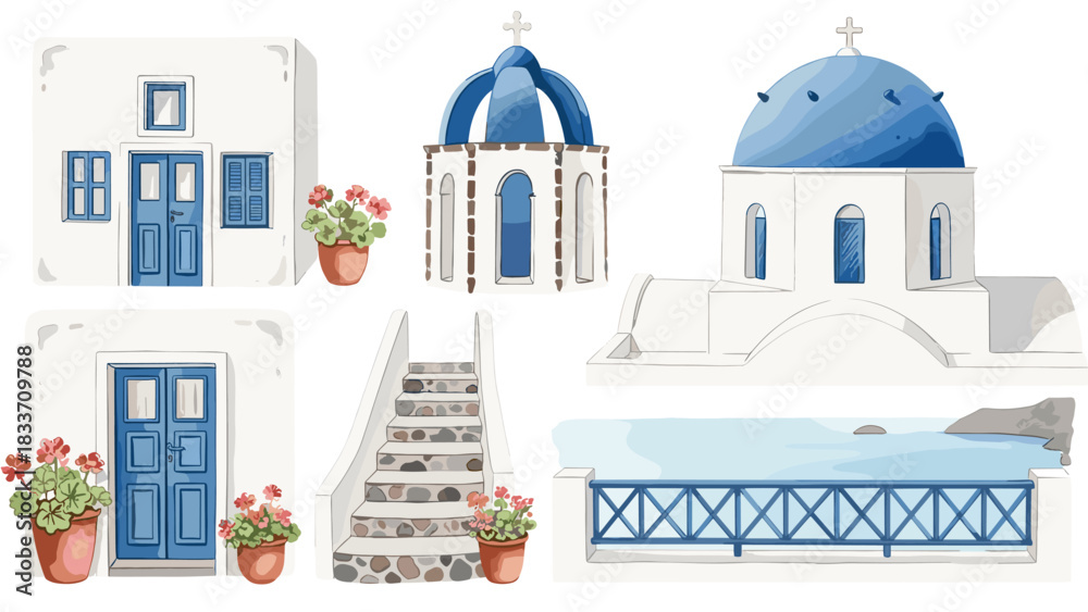 Obraz premium Watercolor collection of iconic Greek architecture from Santorini, including white buildings, blue domes, and flowers.
