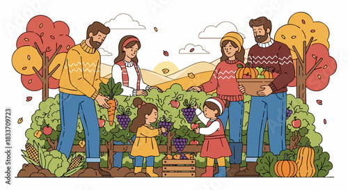 Family harvesting autumn crops together in a vibrant garden.