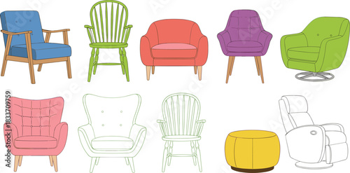 Colorful chair and ottoman illustration set featuring modern and classic furniture styles for interior design and decor visuals