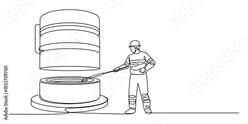 Continuous line drawing of an industrial worker in hard hat operating large cylindrical machine, stirring contents long tool. Vector, illustration