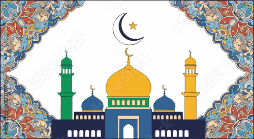 Islamic Mosque with Crescent Moon and Star Symbol.
