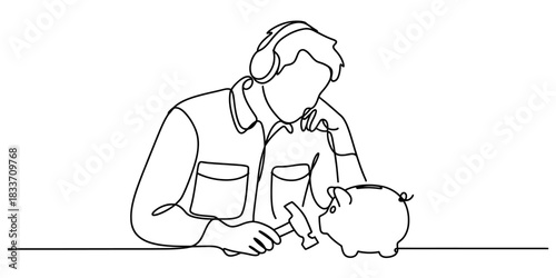 Continuous line drawing of a person with a hammer and piggy bank, symbolizing financial decisions, savings, and breaking open funds Vector, illustration