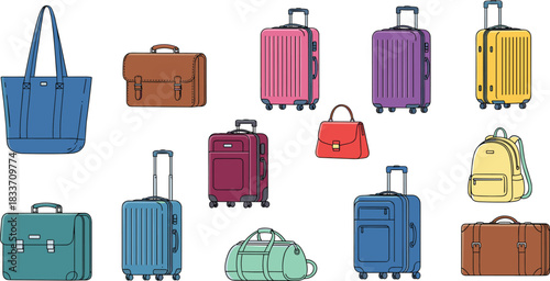 Colorful collection of travel bags and luggage including backpacks, suitcases, duffels, totes, briefcases, and handbags in various styles