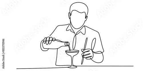 Continuous line drawing of a person expertly pouring a drink from a bottle into a cocktail glass, illustrating beverage preparation and service. Vector, illustration
