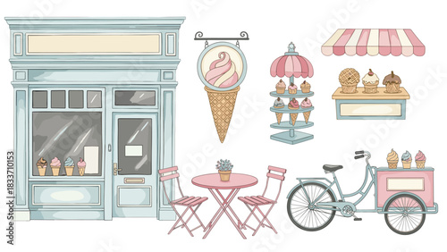 Charming collection of vintage-style illustrations for an ice cream parlor, including a shop facade, a bicycle cart, and a dessert stand.