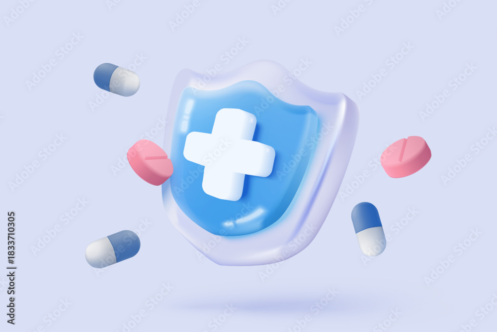 Obraz premium 3d pharmacy drug for health pharmaceutical on purple background. Cartoon minimal of first aid and health care. Medical symbol of emergency help. 3d aid medicine icon vector render illustration