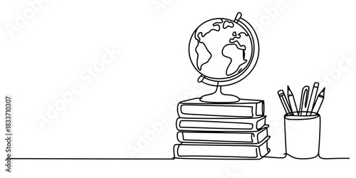 Continuous line drawing of a globe on a stack of books with pencils, symbolizing education, study, global knowledge, and learning Vector, illustration