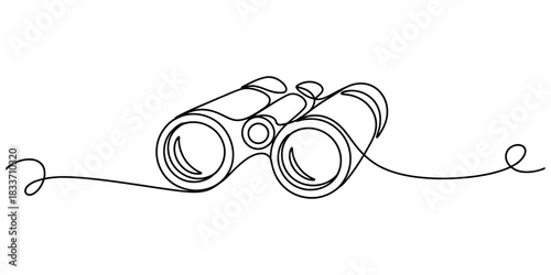 Minimalist one line art drawing of a classic binocular, ideal for representing concepts like discovery, observation, exploration, and clear vision. Vector, illustration