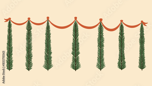 Festive Christmas garland border featuring evergreen sprigs and a draped red ribbon, suitable for holiday cards and decorations.