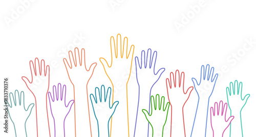Multicolor line diverse hands raised up. Hand volunteer concept.