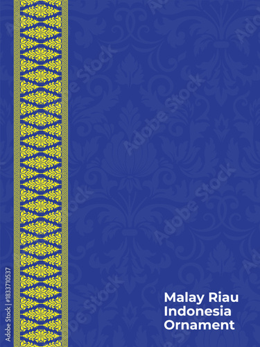 Riau Malay motif in blue with a yellow side ornament and dark floral background, suitable for book covers, invitations, and banners