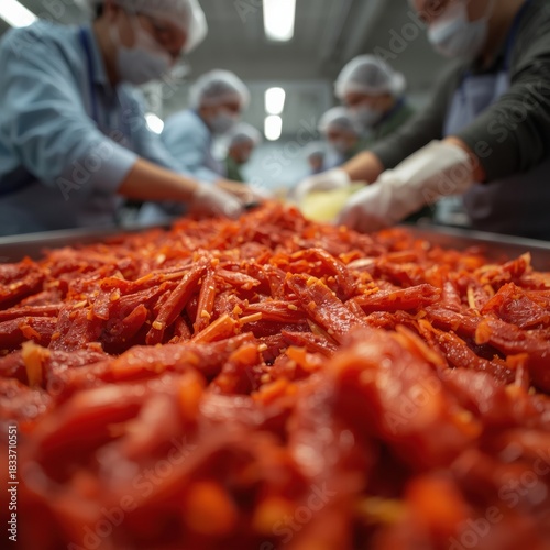 Workers in masks and gloves process fresh red chili peppers in a food production facility