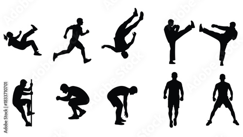Black Silhouette Set of Athletes Engaging in Various Sports and Activities Including Running, Parkour, Martial Arts, and Gymnastics for Fitness and Exercise Graphics.