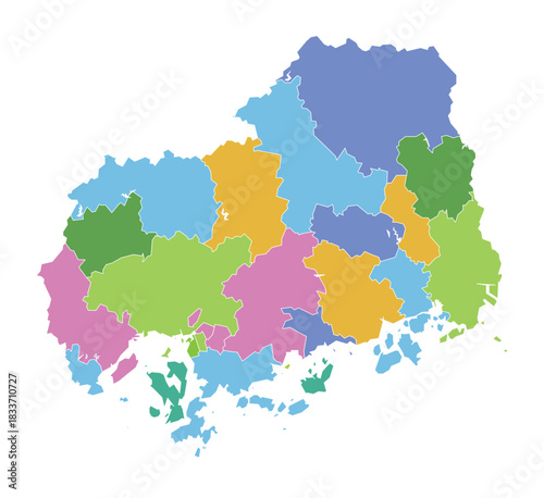 Vibrant political vector map of Hiroshima Prefecture Japan showing all administrative regions
